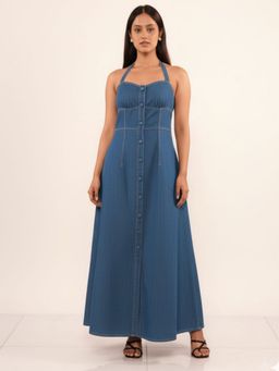 IS.U - Women Blue Denim Halter Neck Dress