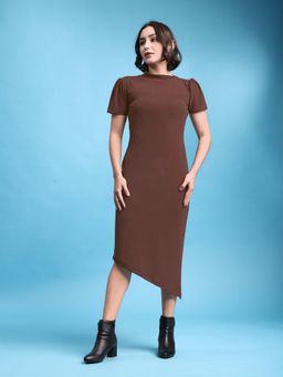 PURVAJA - Women Bodycon Puff Sleeve Brown Dress