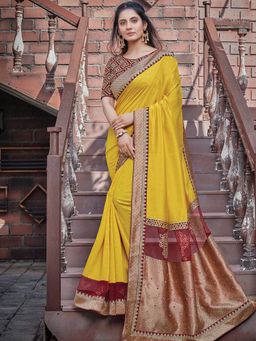 Odette - Yellow Colour Silk Georgette Embroidered Saree with Unstitched Blouse
