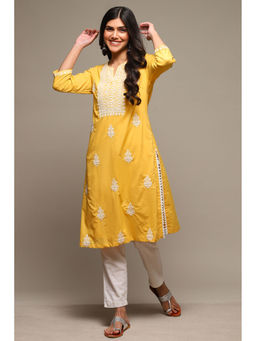 Biba - Womens Yellow Embroidered Cotton Straight Kurta