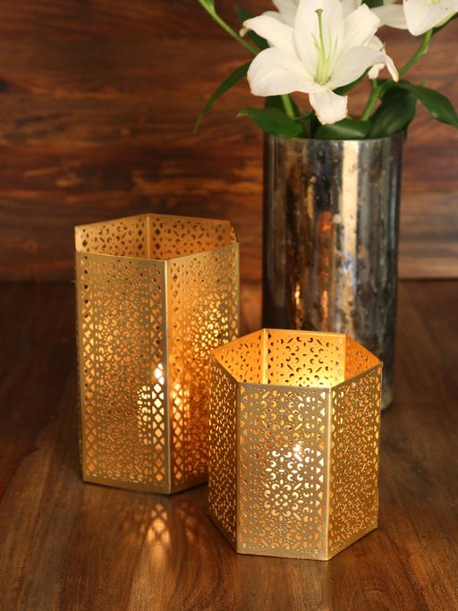 Revive Home Antique Gold Finish Candle Holders Set Of 2