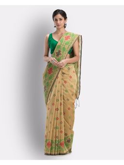 Angoshobha - Beige Handloom Printed Cotton Blend Saree with Unstitched