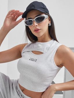 TOKYO TALKIES - Women Grey Cutout Graphic Crop Top