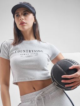 TOKYO TALKIES - Women Grey Fitted Crew Neck Crop Top