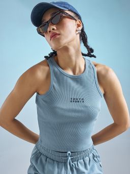 TOKYO TALKIES - Women Blue Ribbed Tank Top