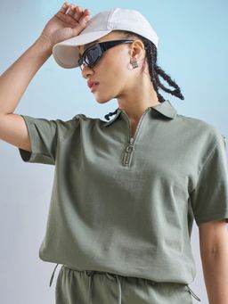 TOKYO TALKIES - Women Olive Relaxed Fit Half Zip Top