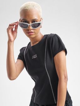 TOKYO TALKIES - Women Black Printed Rib Top