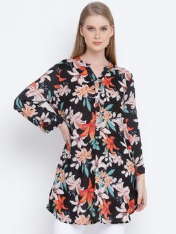 Oxolloxo - Galician Black Floral Print Casual Tunic