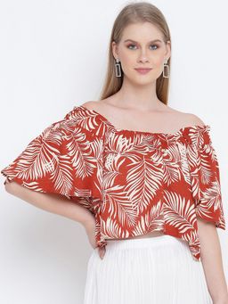 Oxolloxo - Boby Brown Leaf Printed Dobby Casual Women Crop Top