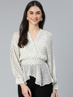 Oxolloxo - Rezer White Dot Print Zip Conceal Women Top