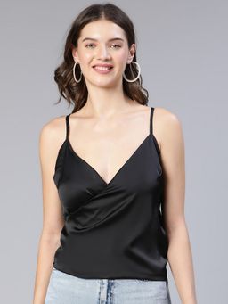 Oxolloxo - Paparazzi Black Overlapped Women Partywear Satin Top