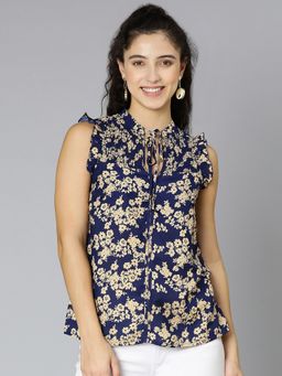 Oxolloxo - Crispy Blue Floral Print Smocked Women Top