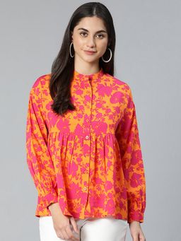 Oxolloxo - Crushed Orange Floral Printed Button-Down Women Top