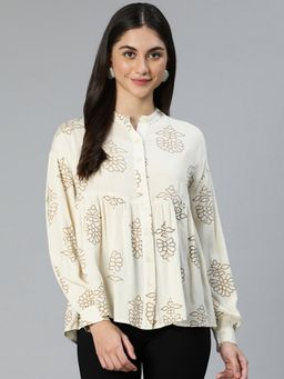 Oxolloxo - Mused Beige Coloe Floral Printed Button-Down Women Top