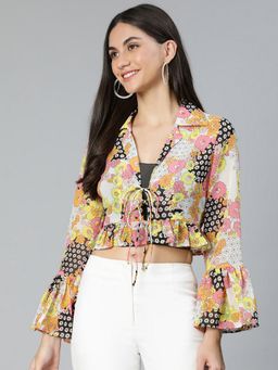 Oxolloxo - Graceful Floral Print Bell Sleeves Women Tie-Cup Crop Top