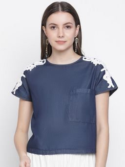 Oxolloxo - Navy Denim Crop Patch Lace Top