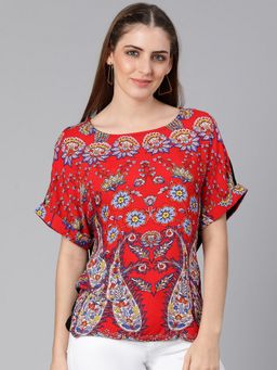 Oxolloxo - Facil Red Tropical Print Regular Women Top