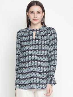 Oxolloxo - Glister Blue Printed Regular Women Top