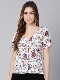 Oxolloxo - Shone White Floral Digital Print Women Top