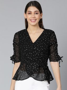 Oxolloxo - Polka Print Black Colour Women Partywear Top