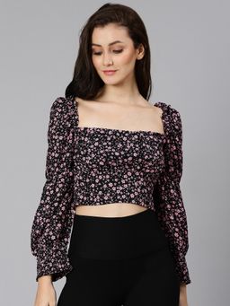 Oxolloxo - Lacer Black Floral Printed Smocked Women Crop Top