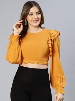 Oxolloxo - Mustard Mac Smocked Ruffled Women Crop Top