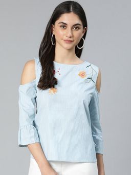 Oxolloxo - Windy Blue Stripe And Embroidered Cold Shoulder Women Top