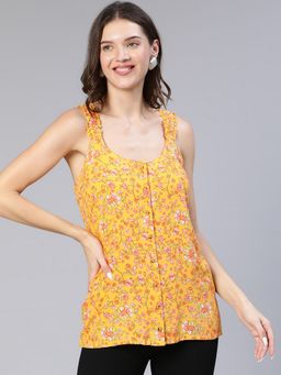 Oxolloxo - Yellow Viscose Print Shoulder Strap Women Top