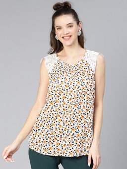 Oxolloxo - Women Multicolored Viscose Floral Print Lace Patch Sleeveless Top