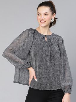 Oxolloxo - Women Polka Dot Grey Polyester Smocked Tie Top