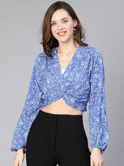 Oxolloxo - Women Blue Floral Print Gathered Pleated Polyester Crop Top