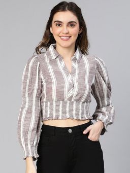 Oxolloxo - Women Grey Stripe Print Smocked Cotton Crop Top