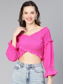 Oxolloxo - Women Solid Pink Smocked Off -Shoulder Polyester Crop Top