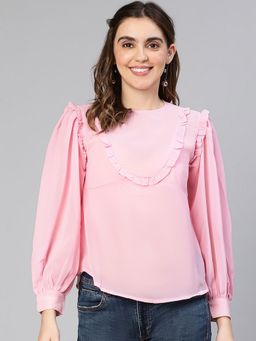 Oxolloxo - Women Solid Pink Ruffled Long Sleeved Polyester Top