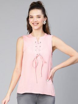 Oxolloxo - Women Pink Sleeveless With Criss Cross Tie Knot Cotton Top
