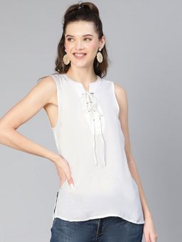 Oxolloxo - Women White Sleeveless With Criss Cross Tie Knot Cotton Top