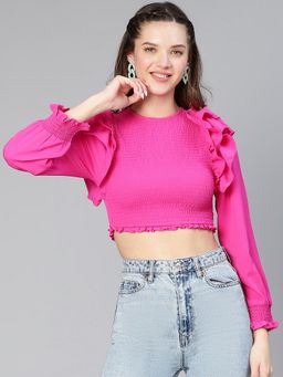 Oxolloxo - Women Solid Pink Ruffled And Smocked Polyester Crop Top