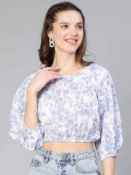 Oxolloxo - Women White Tropical Print Elasticated Cotton Crop Top