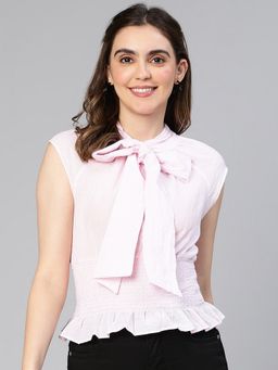 Oxolloxo - Women Solid Pink Bow-Style Partywear Cotton Top