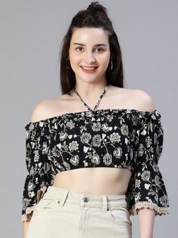 Oxolloxo - Women Floral Print Black Ruffle Off -Shoulder Halter Crop Lace Top