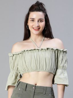 Oxolloxo - Women Light Green Ruffle Off -Shoulder Halter Crop Top