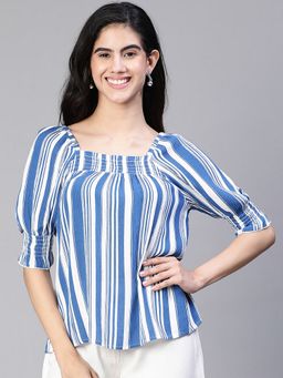 Oxolloxo - Women Blue Stripe Print Square Neck Smocked Short Sleeve Top