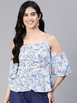Oxolloxo - Women Blue Floral Print Cold Shoulder Strap Top