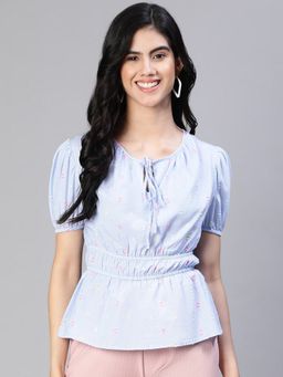 Oxolloxo - Women Blue Round Neck Tie-Up Elasticated Top