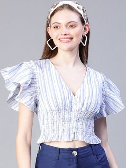 Oxolloxo - Women Blue Stripe Print Smocked V-Neck Crop Top