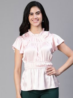 Oxolloxo - Women Light Pink Round Neck Ruffle Elasticated Satin Party Top
