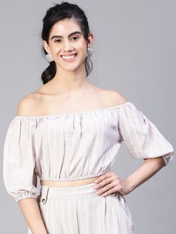 Oxolloxo - Women Beige Stripe Print Round Neck Elasticated Short Sleeve Cotton Crop Top