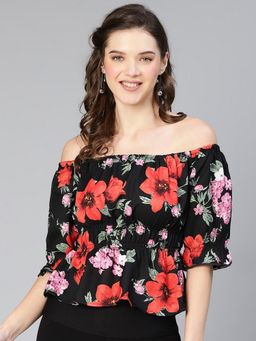 Oxolloxo - Women Black Floral Print Off -Shoulder Polyester Top