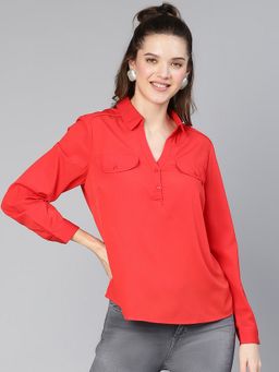 Oxolloxo - Women Solid Polyester Red Casual Pocket Detail Top