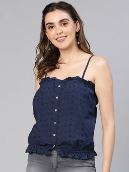 Oxolloxo - Women Blue Button - Down Schiffli Cotton Shoulder Strap Top